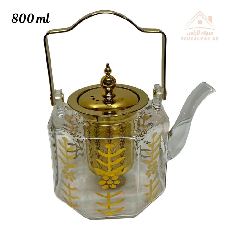 Luxury Glass Kettle with Gold Detailing and Stainless Steel Strainer and 6 Tea Cup Set with Gold Accents - Souk Al RasCoffee & Tea Cups