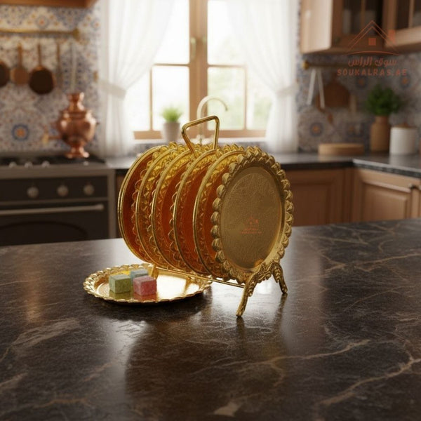 Luxury Gold 6 Pieces Serving Plate Set with Stand | 18CM Ideal for sweets, dates &amp; snacks - Souk Al Ras