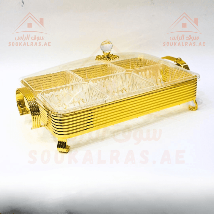 Luxury Gold Rectangular Serving Platter with 4 Sections and Crystal Handle | Elegant Food Serving Design | Perfect for Desserts and Dried Fruits | With transparent cover - Souk Al RasServing Trays