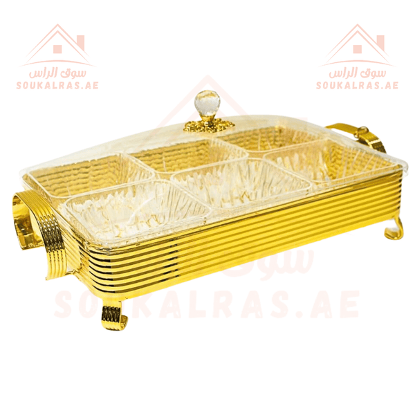 Luxury Gold Rectangular Serving Platter with 4 Sections and Crystal Handle | Elegant Food Serving Design | Perfect for Desserts and Dried Fruits | With transparent cover - Souk Al RasServing Trays