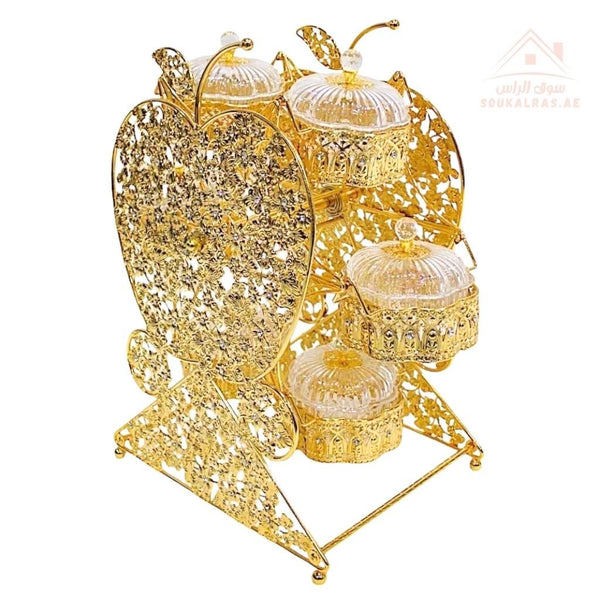 Luxury Golden Ferris Wheel Serving Stand | 4 - Piece Divided Glass Bowls | Decorative Rotating Display - Souk Al Ras