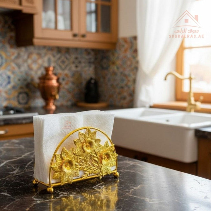 Luxury Golden Napkin Holder | Floral Metal Design | Elegant Table & Kitchen Decor - Souk Al Ras