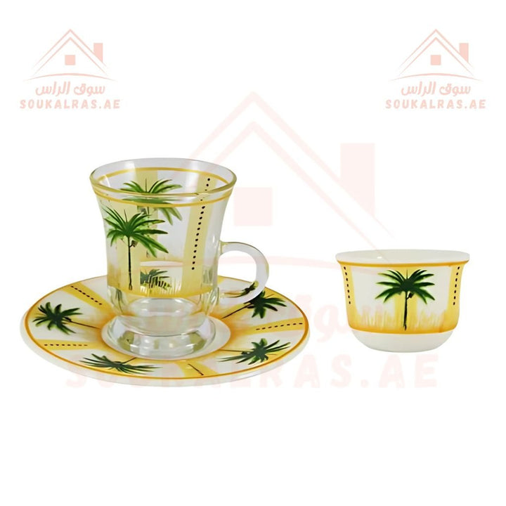 Luxury Palm Tree Arabic Coffee & Tea Set 6 Arabic coffee cups (Cawa cups), 6 glass tea cups with matching saucers, and 1 decorative sugar pot with a lid.| Elegant Glass & Porcelain Cups with Serving Dish - Souk Al Ras