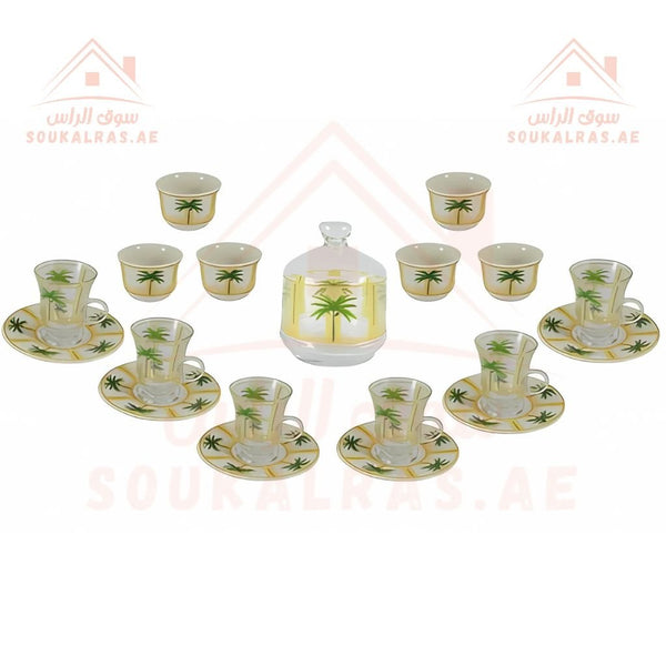 Luxury Palm Tree Arabic Coffee & Tea Set 6 Arabic coffee cups (Cawa cups), 6 glass tea cups with matching saucers, and 1 decorative sugar pot with a lid.| Elegant Glass & Porcelain Cups with Serving Dish - Souk Al Ras