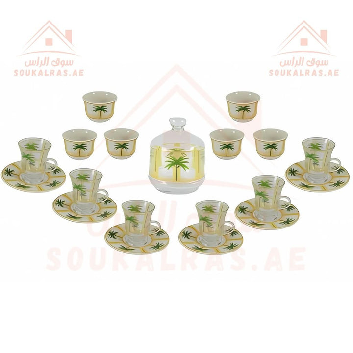 Luxury Palm Tree Arabic Coffee & Tea Set 6 Arabic coffee cups (Cawa cups), 6 glass tea cups with matching saucers, and 1 decorative sugar pot with a lid.| Elegant Glass & Porcelain Cups with Serving Dish - Souk Al Ras