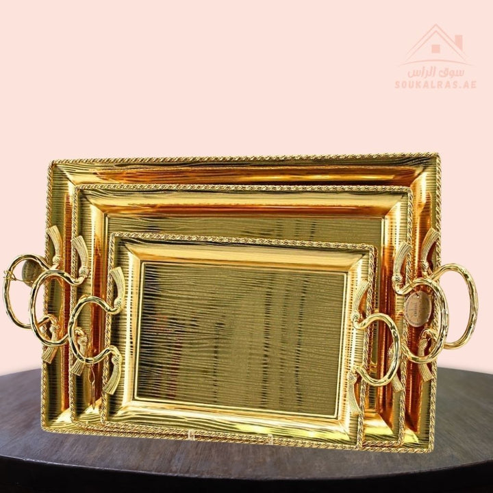 Luxury Rectangular Gold Serving Trays Set | Elegant Handle Design | 3 Sizes – Large, Medium, Small - Souk Al Ras