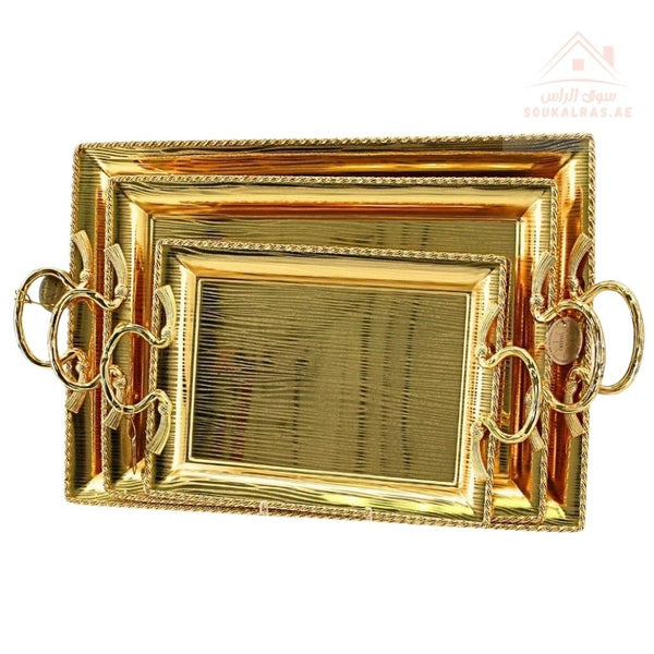 Luxury Rectangular Gold Serving Trays Set | Elegant Handle Design | 3 Sizes – Large, Medium, Small - Souk Al Ras