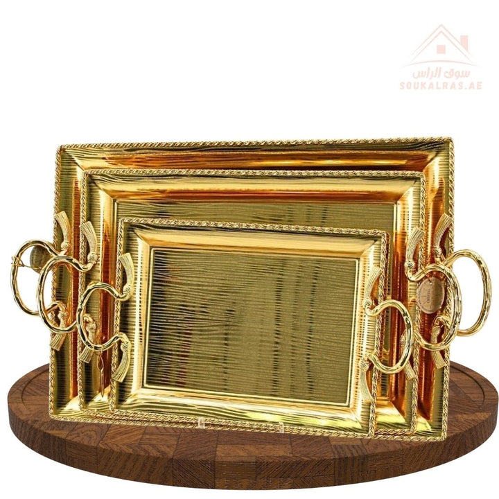 Luxury Rectangular Gold Serving Trays Set | Elegant Handle Design | 3 Sizes – Large, Medium, Small - Souk Al Ras