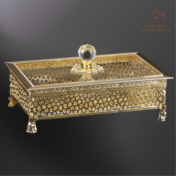 Luxury Rectangular Serving Box with Crystal Knob | Elegant Gold Storage Dish - Souk Al Ras