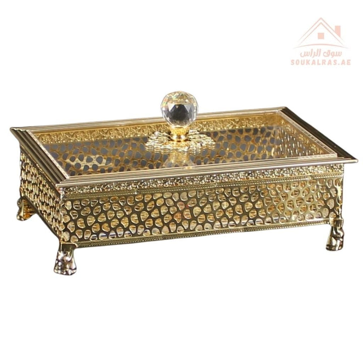 Luxury Rectangular Serving Box with Crystal Knob | Elegant Gold Storage Dish - Souk Al Ras