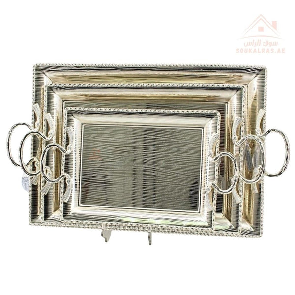 Luxury Rectangular Silver Serving Trays Set | Elegant Handle Design | 3 Sizes – Large, Medium, Small - Souk Al Ras