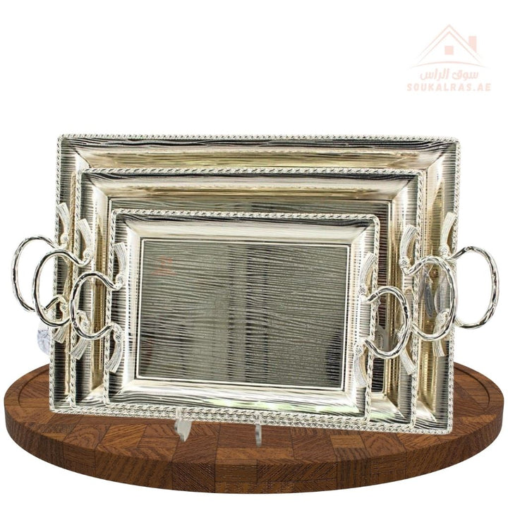 Luxury Rectangular Silver Serving Trays Set | Elegant Handle Design | 3 Sizes – Large, Medium, Small - Souk Al Ras