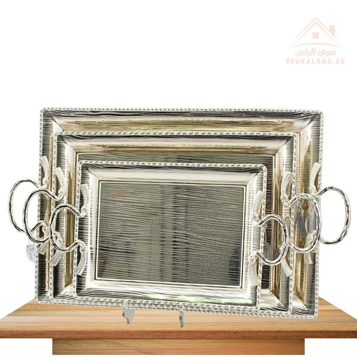 Luxury Rectangular Silver Serving Trays Set | Elegant Handle Design | 3 Sizes – Large, Medium, Small - Souk Al Ras