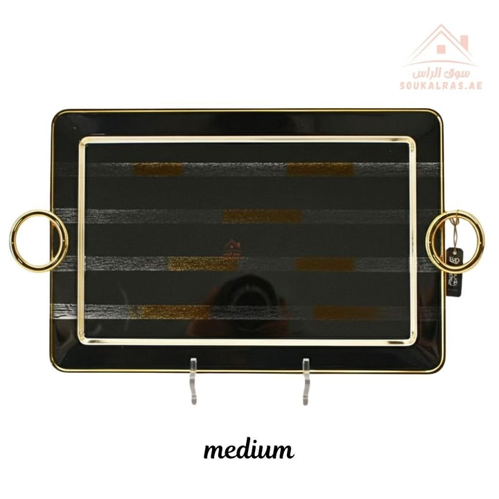 Luxury Rectangular Stainless Steel Serving Tray with Golden Edges & Handles | Elegant Tea & Coffee Serving Tray - Souk Al Ras
