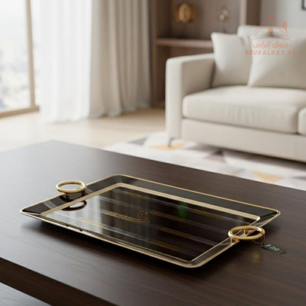 Luxury Rectangular Stainless Steel Serving Tray with Golden Edges & Handles | Elegant Tea & Coffee Serving Tray - Souk Al Ras