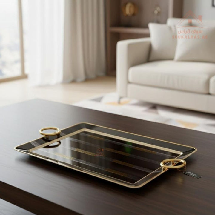 Luxury Rectangular Stainless Steel Serving Tray with Golden Edges & Handles | Elegant Tea & Coffee Serving Tray - Souk Al Ras