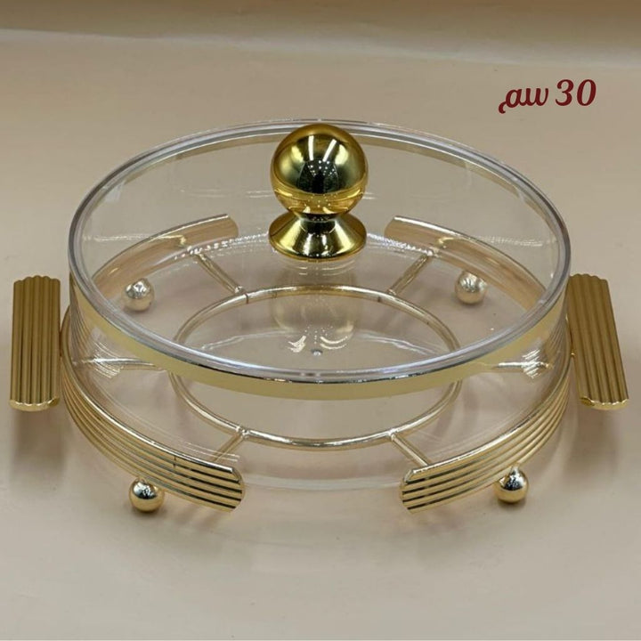 Luxury Round 30CM Acrylic Serving Dish with Crystal Lid | Elegant Gold & Silver Designs | Ideal for Sweets, Nuts, and Desserts - Souk Al Ras