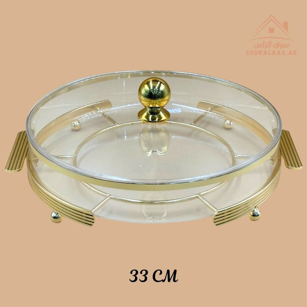 Luxury Round 33CM Acrylic Serving Dish with Crystal Lid | Elegant Gold & Silver Designs | Ideal for Sweets, Nuts, and Desserts - Souk Al Ras