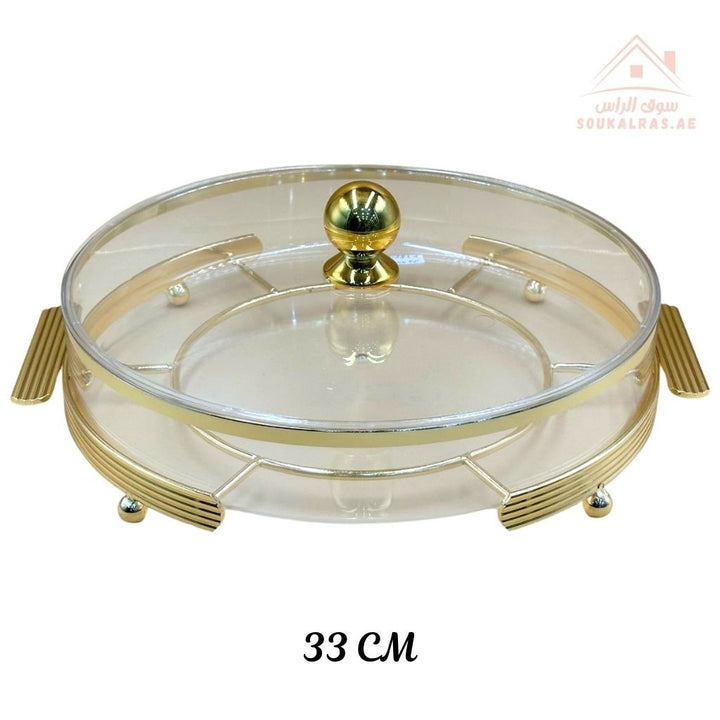 Luxury Round 33CM Acrylic Serving Dish with Crystal Lid | Elegant Gold & Silver Designs | Ideal for Sweets, Nuts, and Desserts - Souk Al Ras