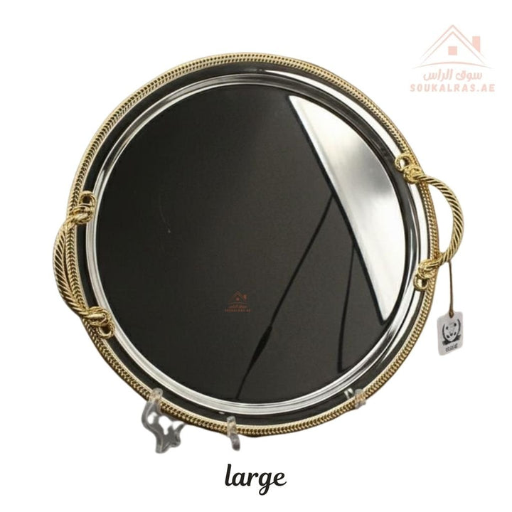 Luxury Round Stainless Steel Serving Tray – Gold Decorative Rim | Premium Mirror Finish | Ideal for Tea, Coffee & Hospitality - Souk Al Ras