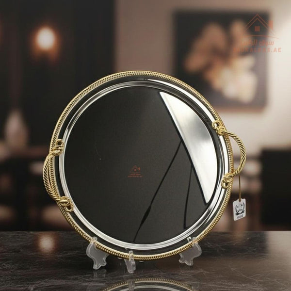 Luxury Round Stainless Steel Serving Tray – Gold Decorative Rim | Premium Mirror Finish | Ideal for Tea, Coffee & Hospitality - Souk Al Ras