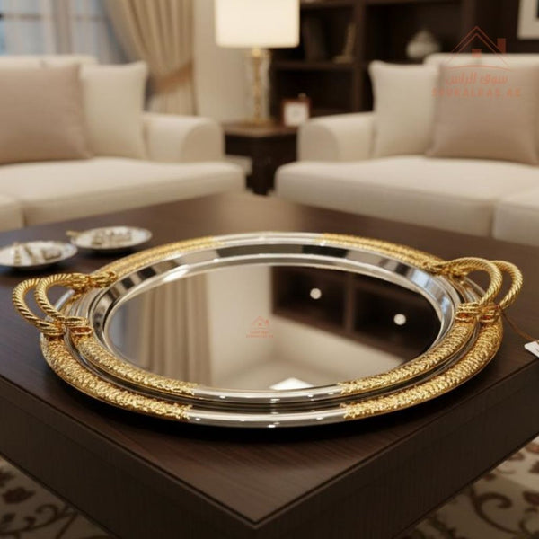 Luxury Round Stainless Steel Serving Tray with Gold Handles | Premium Serveware for Tea, Coffee & Hospitality - Souk Al Ras