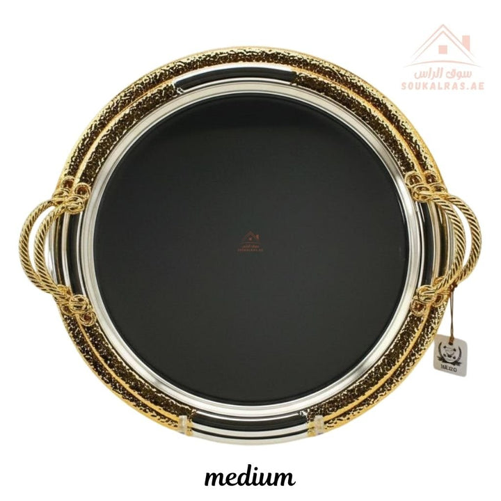 Luxury Round Stainless Steel Serving Tray with Gold Handles | Premium Serveware for Tea, Coffee & Hospitality - Souk Al Ras