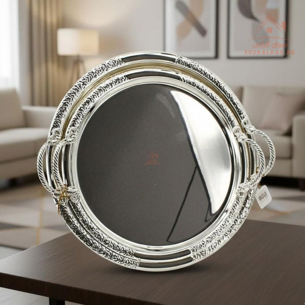 Luxury Round Stainless Steel Serving Tray with Handles – Silver Arabic Design | Available in Two Sizes| Perfect for serving tea, coffee, sweets, dates, and desserts for guests and daily use. - Souk Al Ras