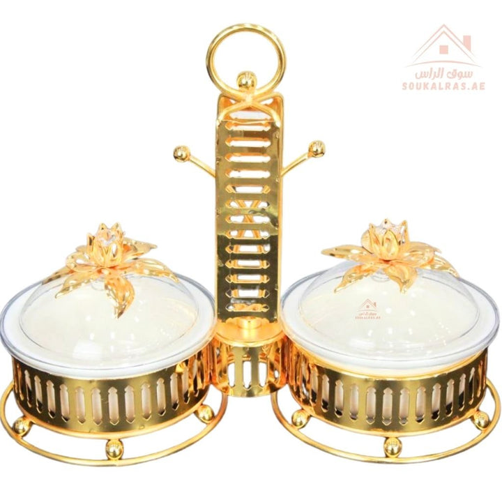 Luxury Serving Set | 2 Porcelain Bowls with Crystal Lids & Decorative Stand | Perfect for serving sweets, nuts, dates, or desserts - Souk Al Ras