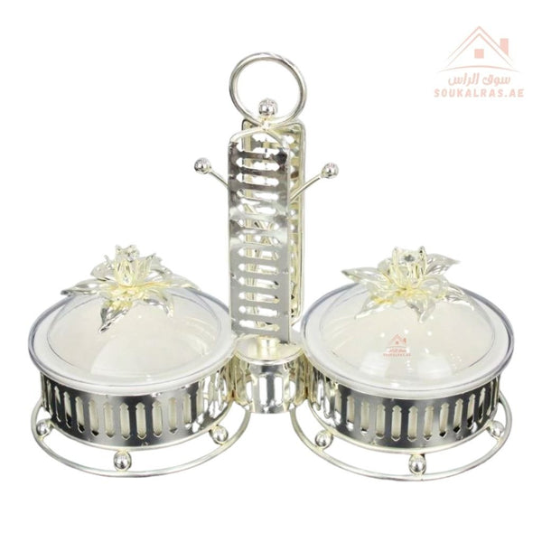 Luxury Serving Set | 2 Porcelain Bowls with Crystal Lids & Decorative Stand | Perfect for serving sweets, nuts, dates, or desserts - Souk Al Ras