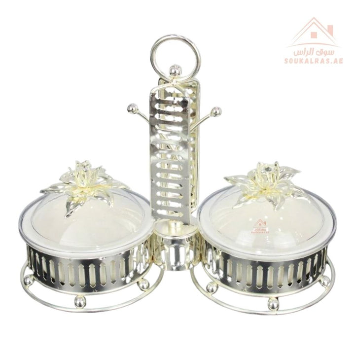 Luxury Serving Set | 2 Porcelain Bowls with Crystal Lids & Decorative Stand | Perfect for serving sweets, nuts, dates, or desserts - Souk Al Ras