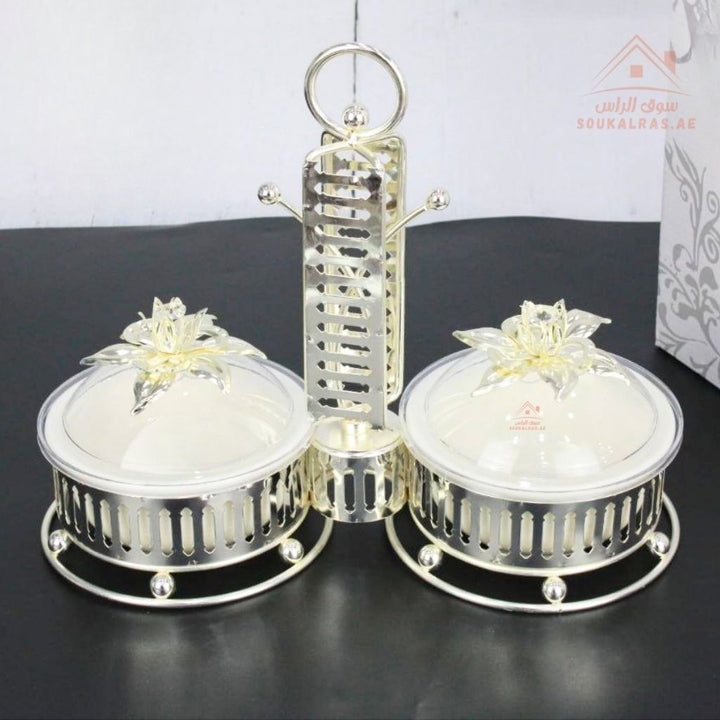 Luxury Serving Set | 2 Porcelain Bowls with Crystal Lids & Decorative Stand | Perfect for serving sweets, nuts, dates, or desserts - Souk Al Ras