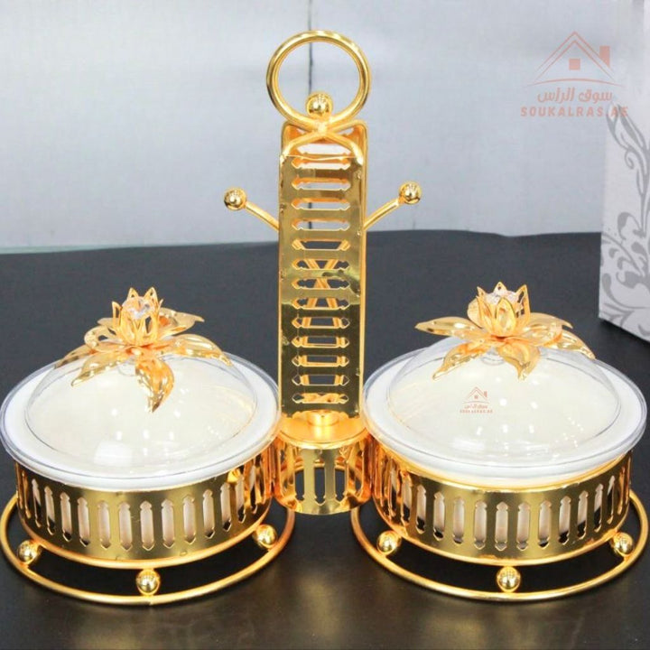 Luxury Serving Set | 2 Porcelain Bowls with Crystal Lids & Decorative Stand | Perfect for serving sweets, nuts, dates, or desserts - Souk Al Ras