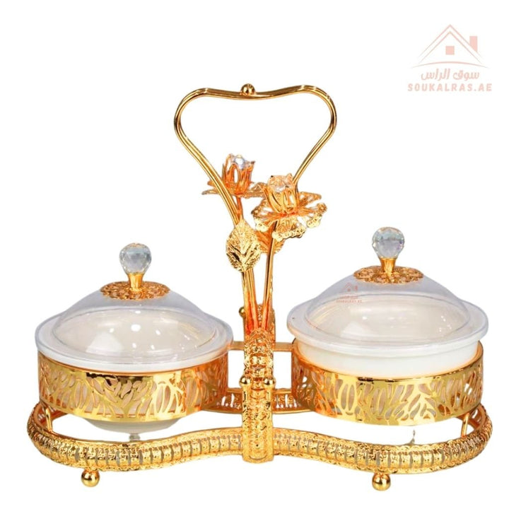 Luxury Serving Set | 2 Porcelain Bowls with Crystal Lids & Decorative Stand | Perfect for serving sweets, nuts, dates, or desserts - Souk Al Ras