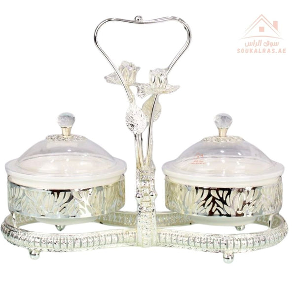 Luxury Serving Set | 2 Porcelain Bowls with Crystal Lids & Decorative Stand | Perfect for serving sweets, nuts, dates, or desserts - Souk Al Ras
