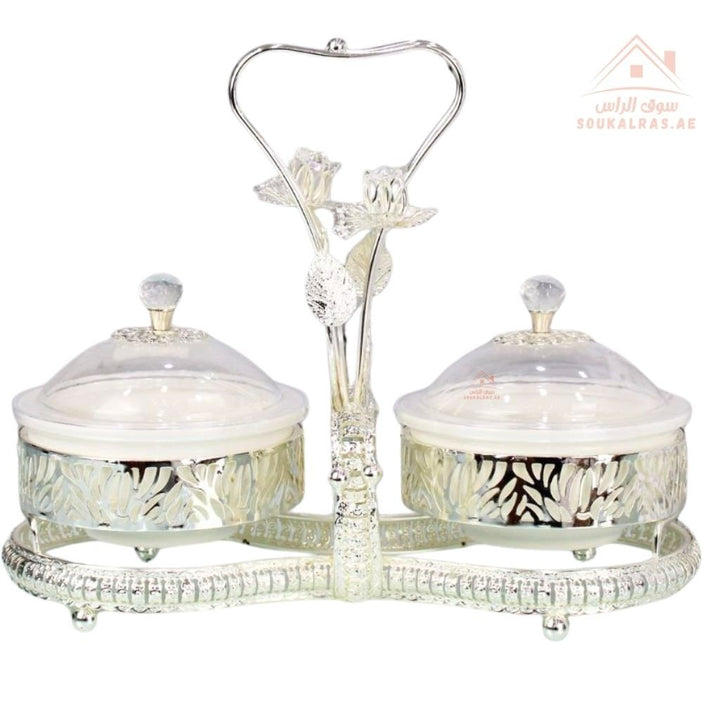 Luxury Serving Set | 2 Porcelain Bowls with Crystal Lids & Decorative Stand | Perfect for serving sweets, nuts, dates, or desserts - Souk Al Ras