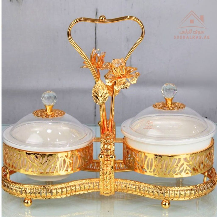 Luxury Serving Set | 2 Porcelain Bowls with Crystal Lids & Decorative Stand | Perfect for serving sweets, nuts, dates, or desserts - Souk Al Ras