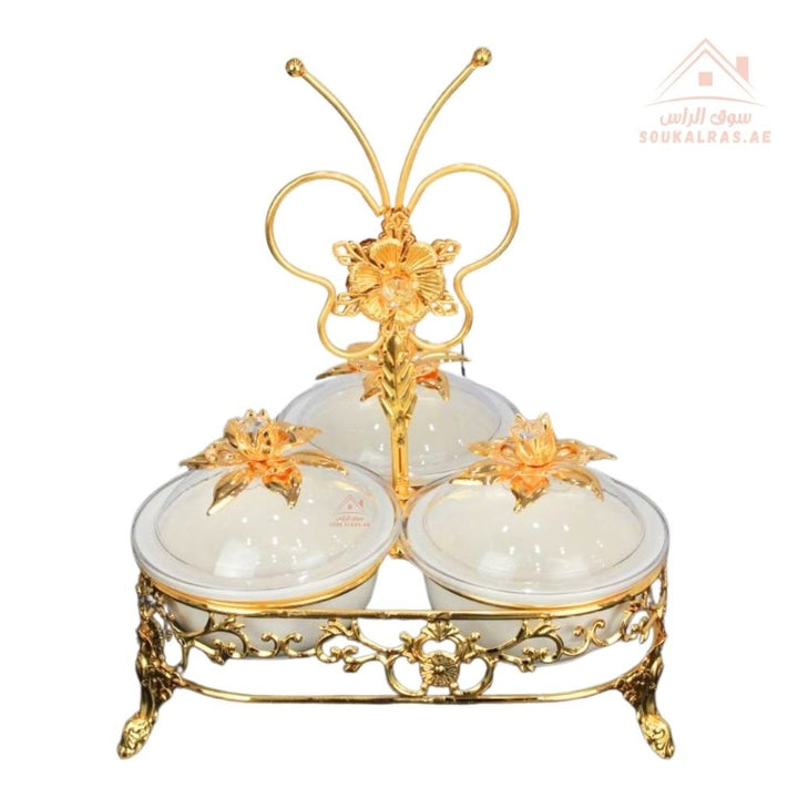 Luxury Serving Set | 3 Porcelain Bowls with Crystal Lids & Decorative Stand | Perfect for serving sweets, nuts, dates, or desserts - Souk Al Ras