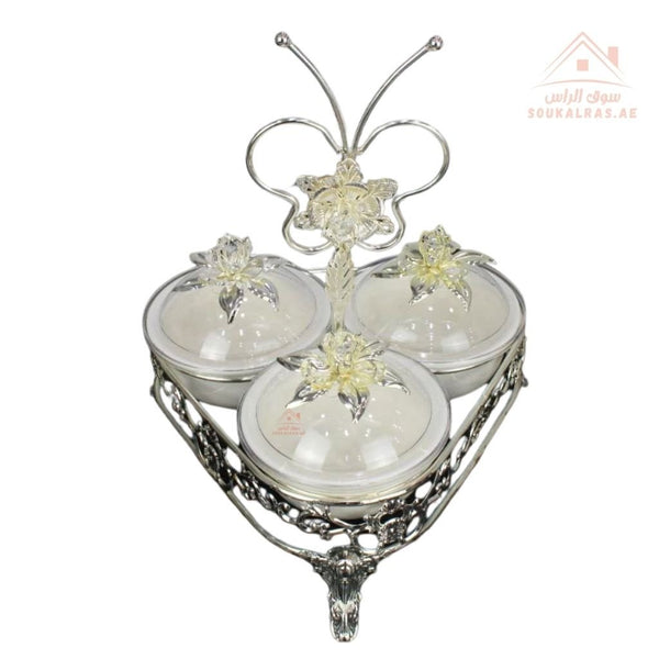 Luxury Serving Set | 3 Porcelain Bowls with Crystal Lids & Decorative Stand | Perfect for serving sweets, nuts, dates, or desserts - Souk Al Ras