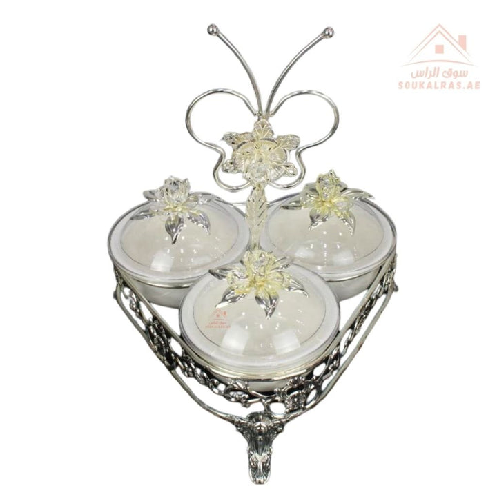 Luxury Serving Set | 3 Porcelain Bowls with Crystal Lids & Decorative Stand | Perfect for serving sweets, nuts, dates, or desserts - Souk Al Ras