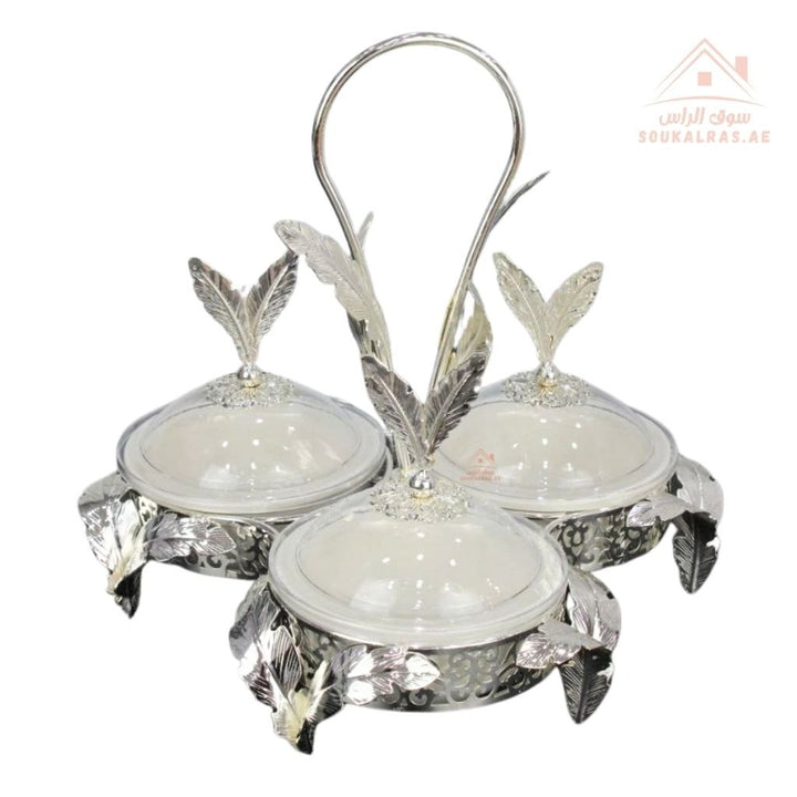 Luxury Serving Set | 3 Porcelain Bowls with Crystal Lids & Decorative Stand | Perfect for serving sweets, nuts, dates, or desserts - Souk Al Ras