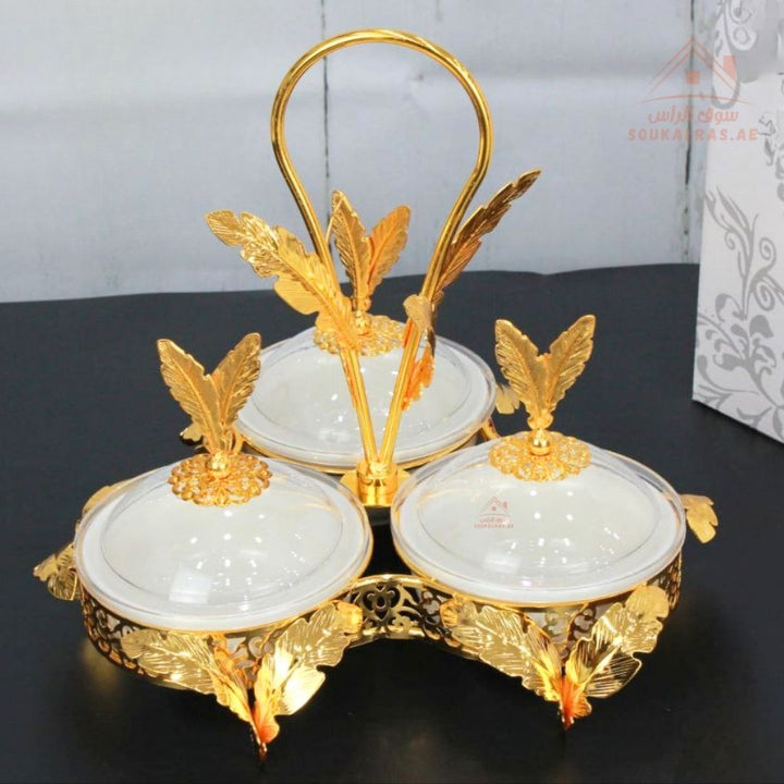 Luxury Serving Set | 3 Porcelain Bowls with Crystal Lids & Decorative Stand | Perfect for serving sweets, nuts, dates, or desserts - Souk Al Ras