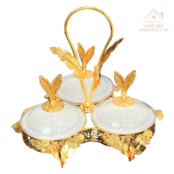 Luxury Serving Set | 3 Porcelain Bowls with Crystal Lids & Decorative Stand | Perfect for serving sweets, nuts, dates, or desserts - Souk Al Ras