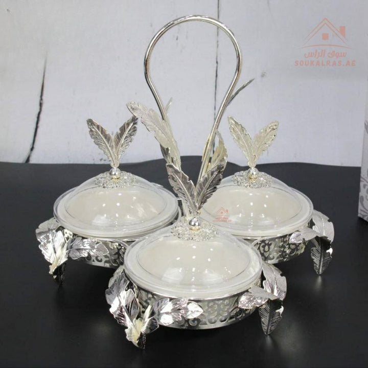 Luxury Serving Set | 3 Porcelain Bowls with Crystal Lids & Decorative Stand | Perfect for serving sweets, nuts, dates, or desserts - Souk Al Ras