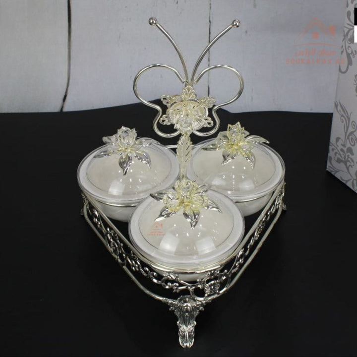 Luxury Serving Set | 3 Porcelain Bowls with Crystal Lids & Decorative Stand | Perfect for serving sweets, nuts, dates, or desserts - Souk Al Ras