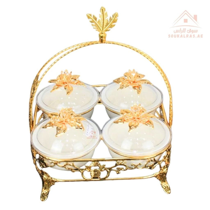 Luxury Serving Set | 4 Porcelain Bowls with Crystal Lids & Decorative Stand | Perfect for serving sweets, nuts, dates, or desserts - Souk Al Ras