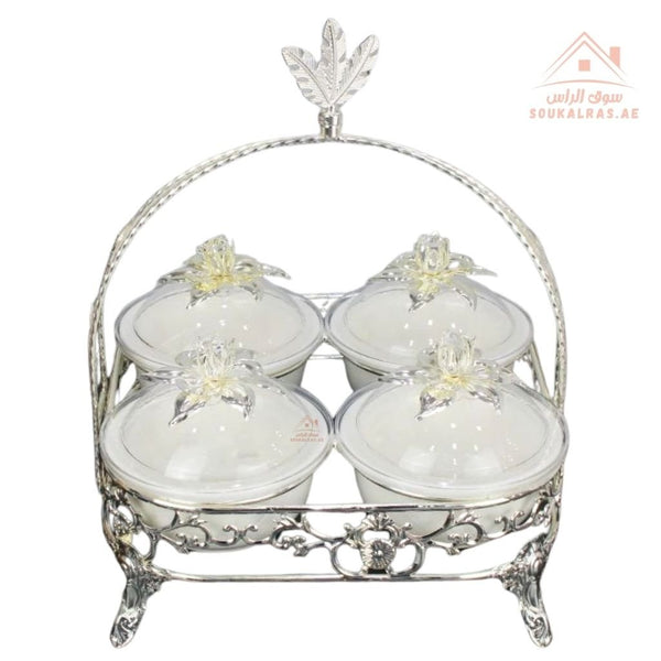Luxury Serving Set | 4 Porcelain Bowls with Crystal Lids & Decorative Stand | Perfect for serving sweets, nuts, dates, or desserts - Souk Al Ras