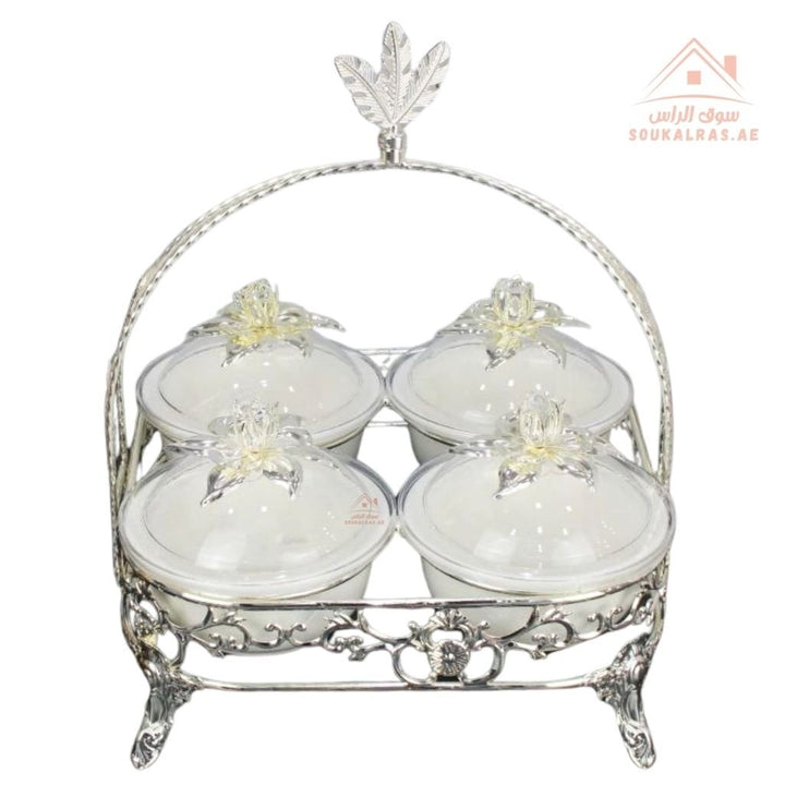 Luxury Serving Set | 4 Porcelain Bowls with Crystal Lids & Decorative Stand | Perfect for serving sweets, nuts, dates, or desserts - Souk Al Ras
