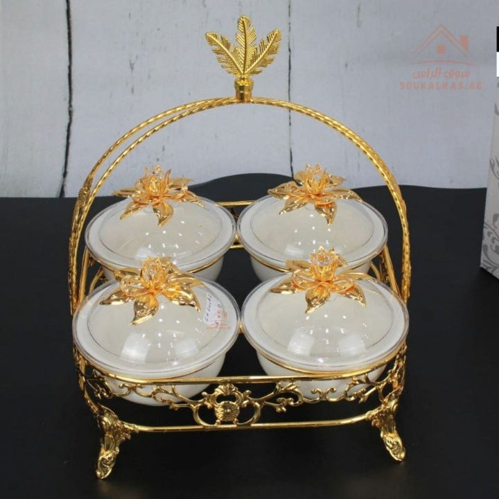Luxury Serving Set | 4 Porcelain Bowls with Crystal Lids & Decorative Stand | Perfect for serving sweets, nuts, dates, or desserts - Souk Al Ras