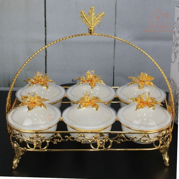 Luxury Serving Set | 6 Porcelain Bowls with Crystal Lids & Decorative Stand |Perfect for serving sweets, nuts, dates, or desserts - Souk Al Ras